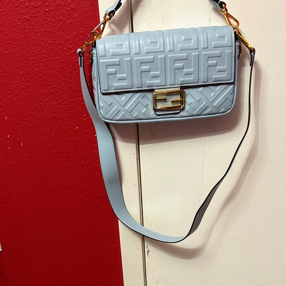 Blue “F” Embossed Shoulder Bag with Gold Accents - Picture 9 of 13